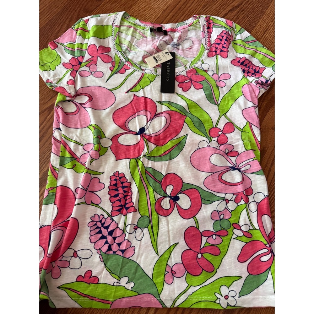 Talbots Petites Floral Slub Knit Tee Pink Green Lace Trim Scoop Neck Top P NWT
